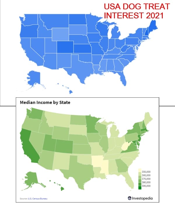 USA dog treat interest 2021 Versus Median income 2021
